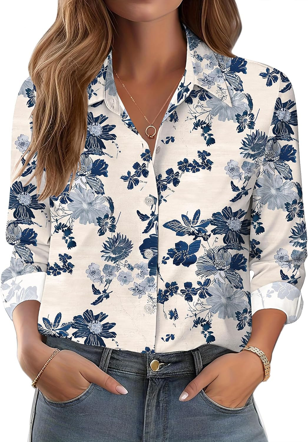 Zeagoo Button Down Shirts for Women Dressy Printed Long Sleeve Blouse | Amazon (US)