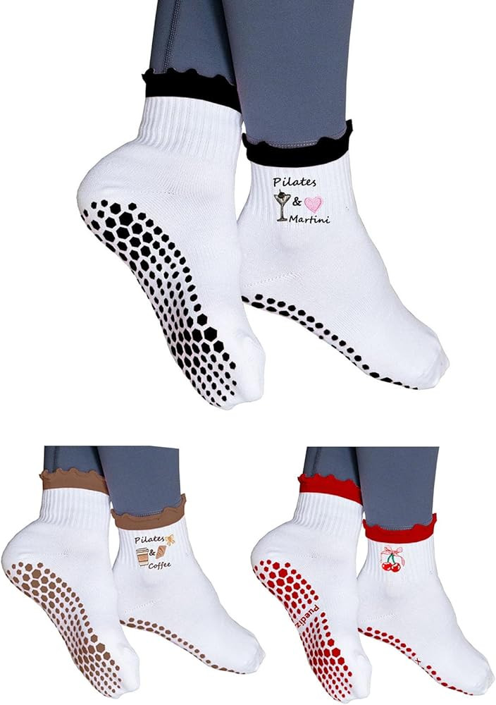 Women Cute Pilates Socks Grip Crew Yoga Socks Ruffle Cuff Embroidery Pattern Workout Ballet Socks | Amazon (US)