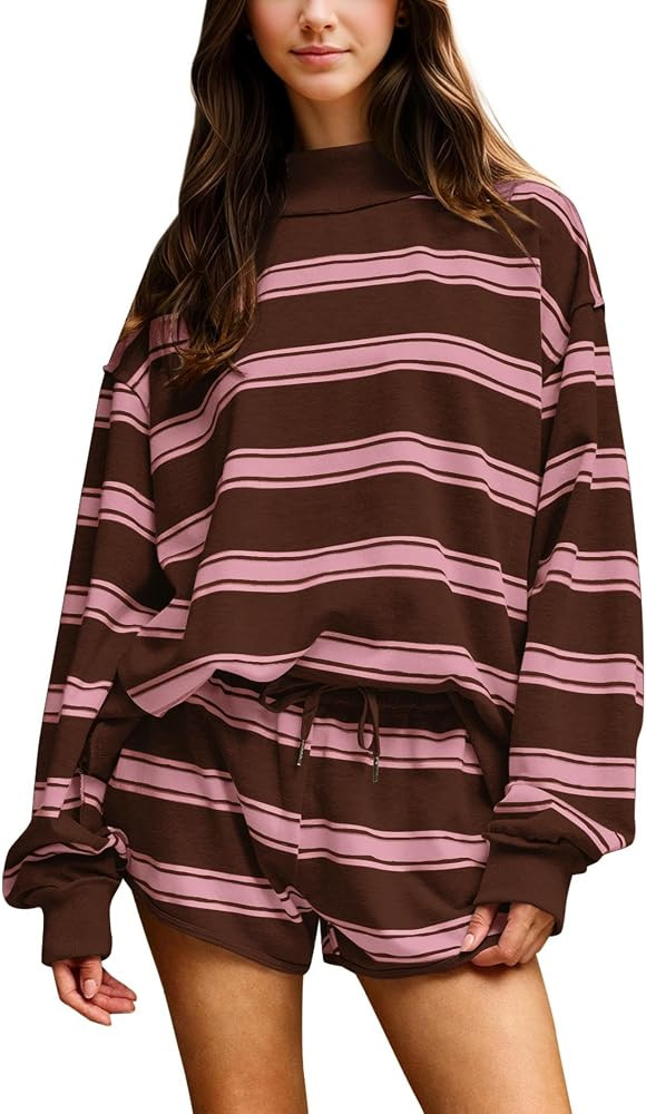 calbatic Women Striped Mock Neck Sweatshirt 2 Piece Outfits Oversized Pullover Elastic Waist Shor... | Amazon (US)