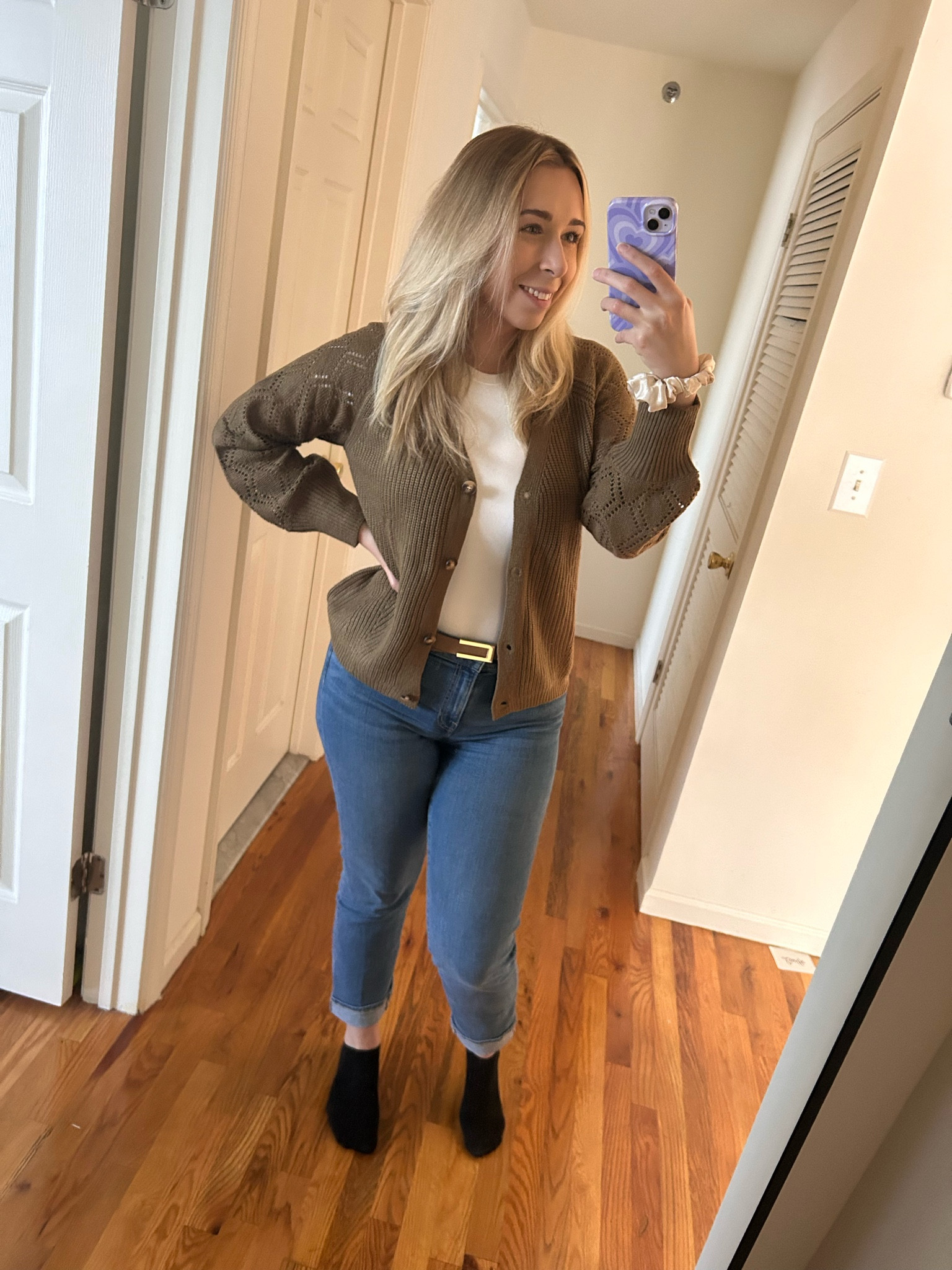 Another work outfit 
White top, green sweater and jeans

#LTKMidsize #LTKU #LTKWorkwear