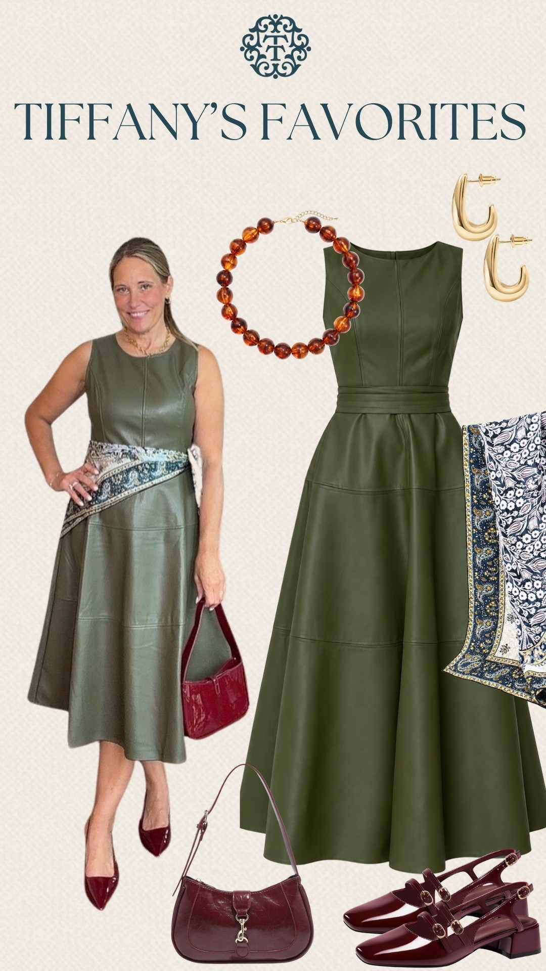 A look from Tiffany’s Favorites that we’re loving for fall, featuring a gorgeous olive dress from Amazon and a pretty paisley scarf. The burgundy bag and shoes add a rich contrast that makes the green really stand out. We’d wear this for a fall wedding, dinner out, or a special occasion.

#LTKSeasonal #LTKOver40 #LTKMidsize