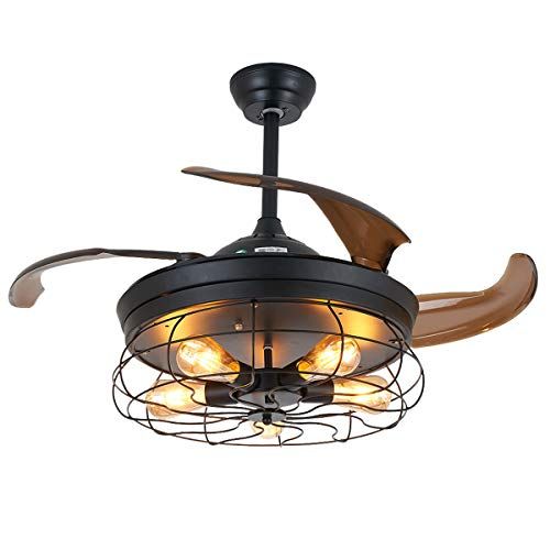 Ceiling Fan with Lights 34 Inch Black Rustic Ceiling Fan with Remote 3 Retractable Blades, 4 Lights  | Amazon (US)