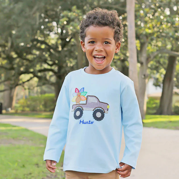 Light Blue Turkey Truck Applique Long Sleeve Shirt | Classic Whimsy