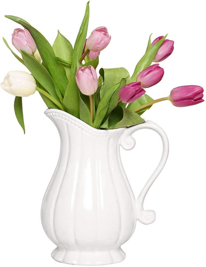 Ceramic Flower Vase - Shabby Chic Vintage Stoneware Pitcher Jug Vase (BR25) White | Amazon (UK)