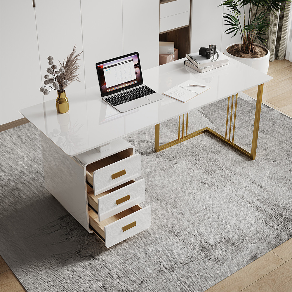 63" Modern White Executive Desk with Drawers & Side Cabinet in Gold Base | Homary