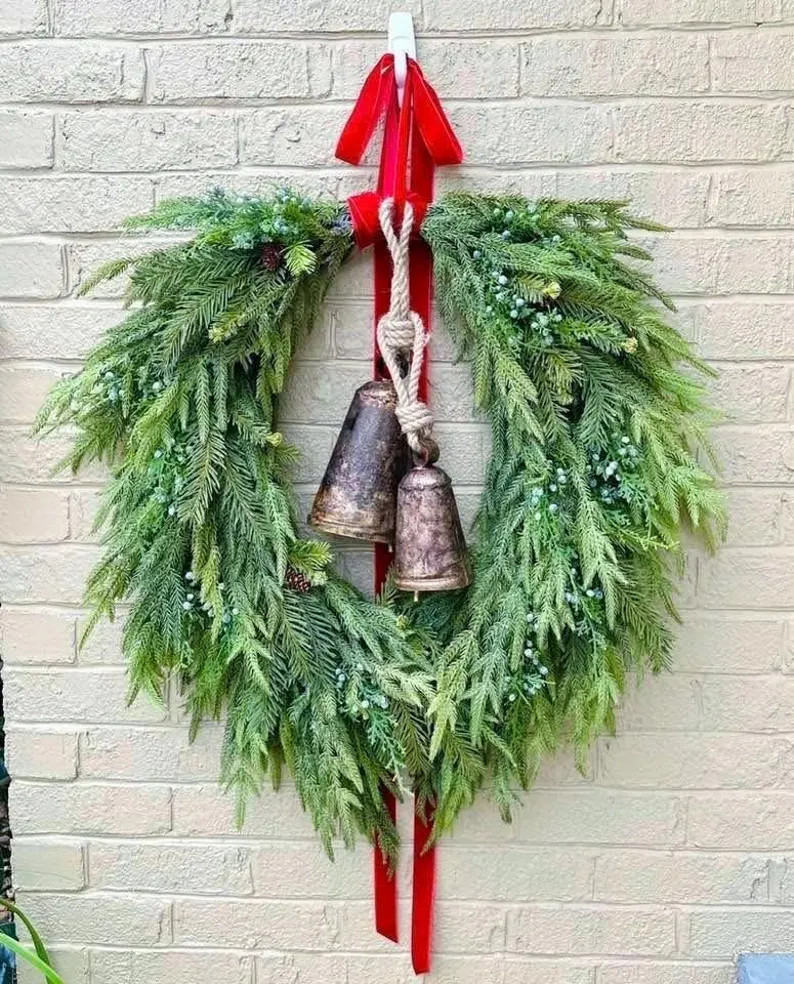Real Touch Norfolk Pine Juniper and Balsam Fir Christmas Wreath W/brass Bells and Velvet Bow, Eve... | Etsy (US)