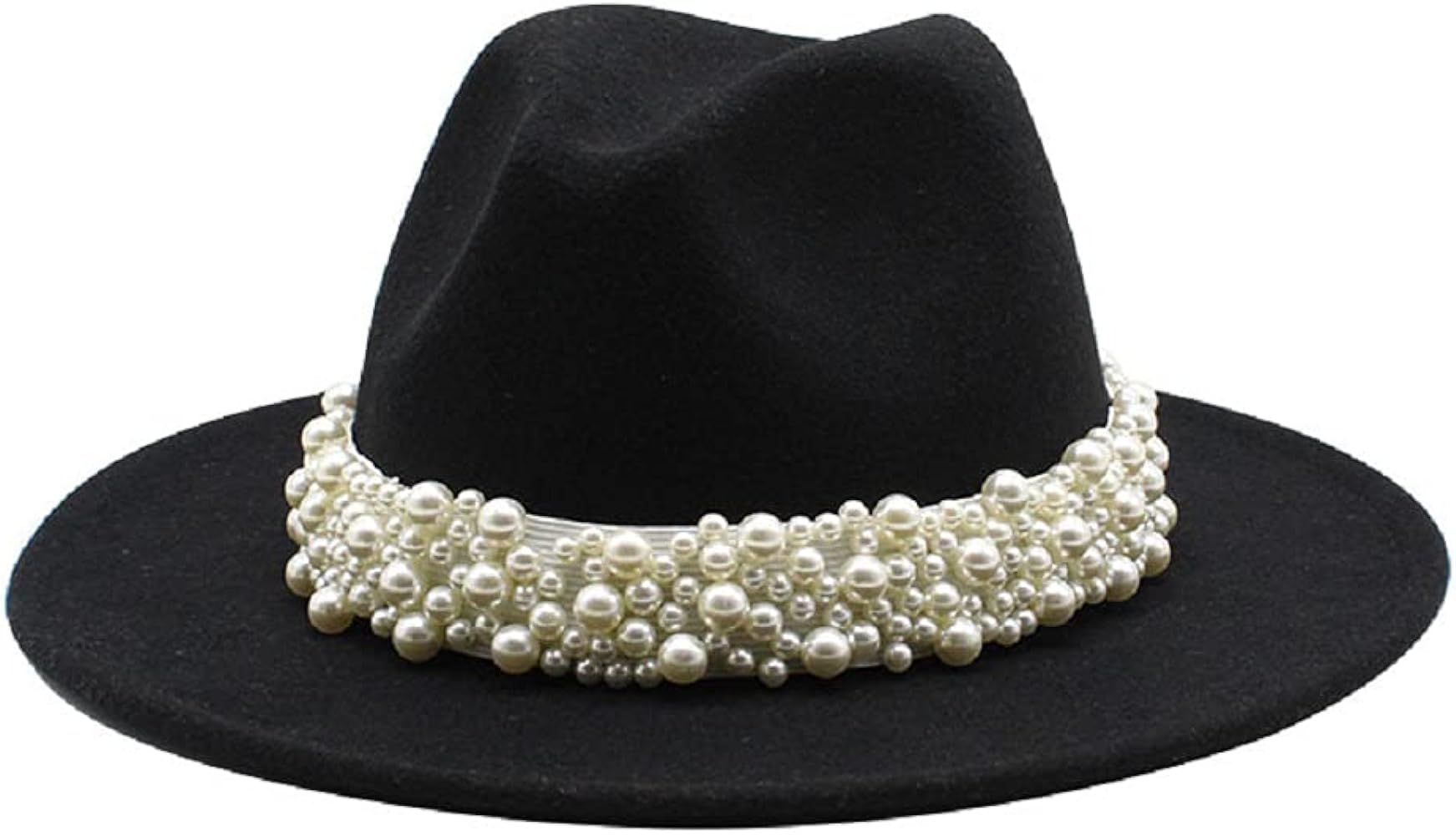 Women Trendy Fedora-Hat Wide Brim Felt Panama Classic Hat with Pearl Band | Amazon (US)
