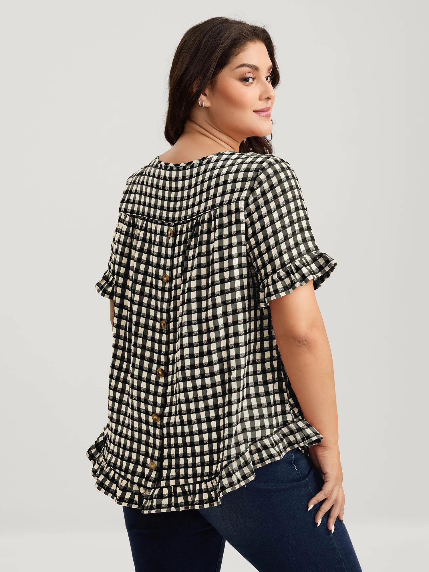 Gingham Print Button Back Blouse | Bloomchic