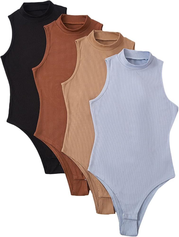 Women's Plus Size 4pcs Mock Neck Sleeveless Ribbed Knit Bodysuit Pack | Amazon (US)