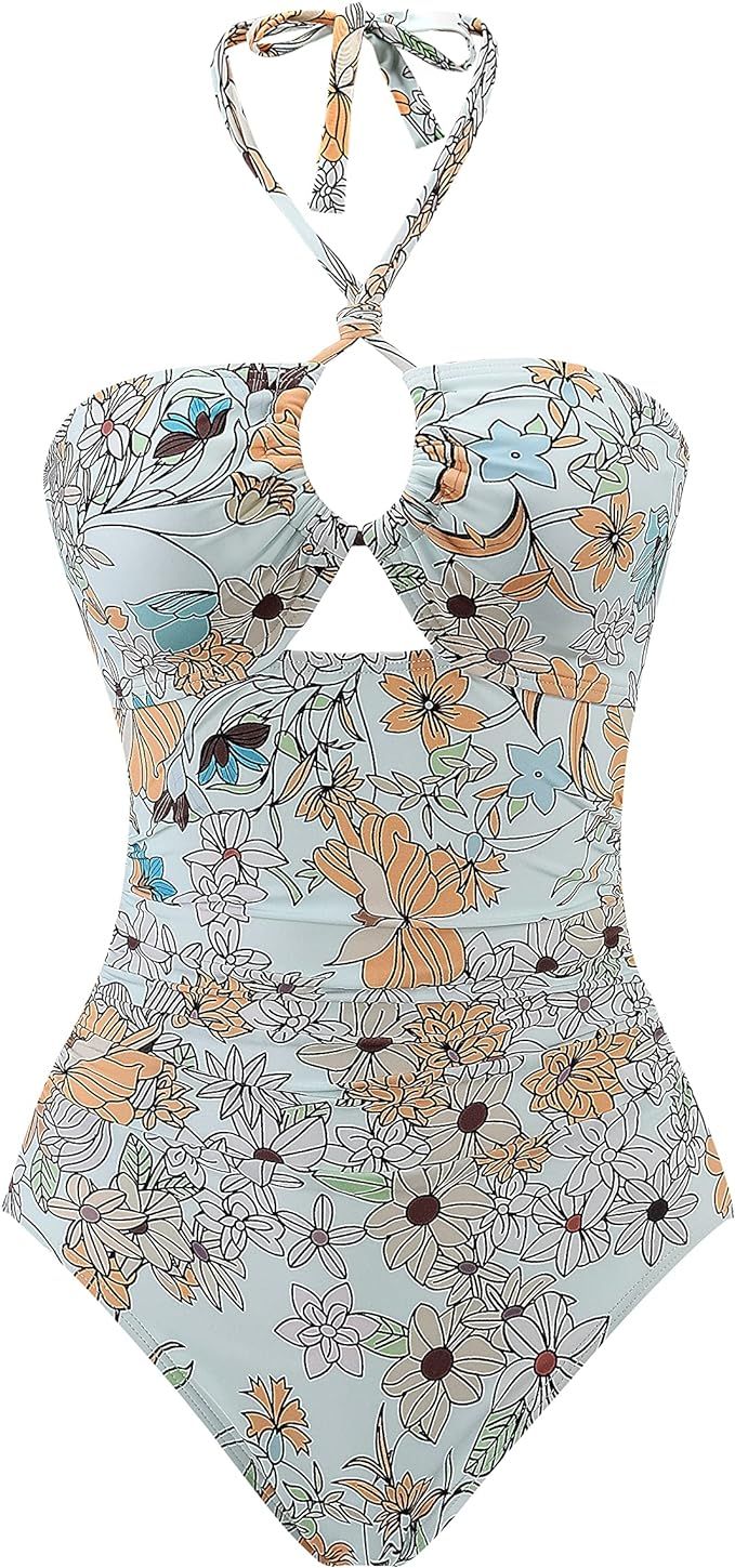 One Piece Swimsuit for Women V-Neck Ruffle Bathing Suit Solid Monokini Swimwear Tummy Control Hal... | Amazon (US)