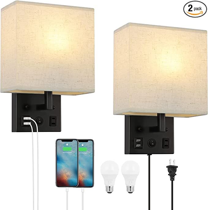 Bedside Wall Lamp Set of 2, Modern Wall Sconces with Plug in Cord Nightstand Wall Lamps with Dual... | Amazon (US)