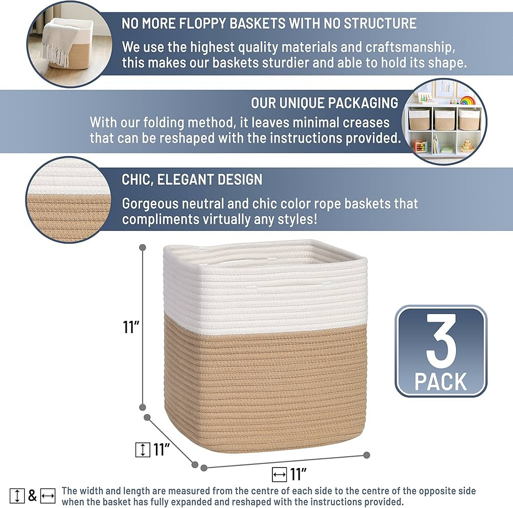 NaturalCozy Storage Cubes 11 Inch Cotton Rope Woven Baskets for Organizing, 3-Pack | Cube Storage... | Amazon (US)