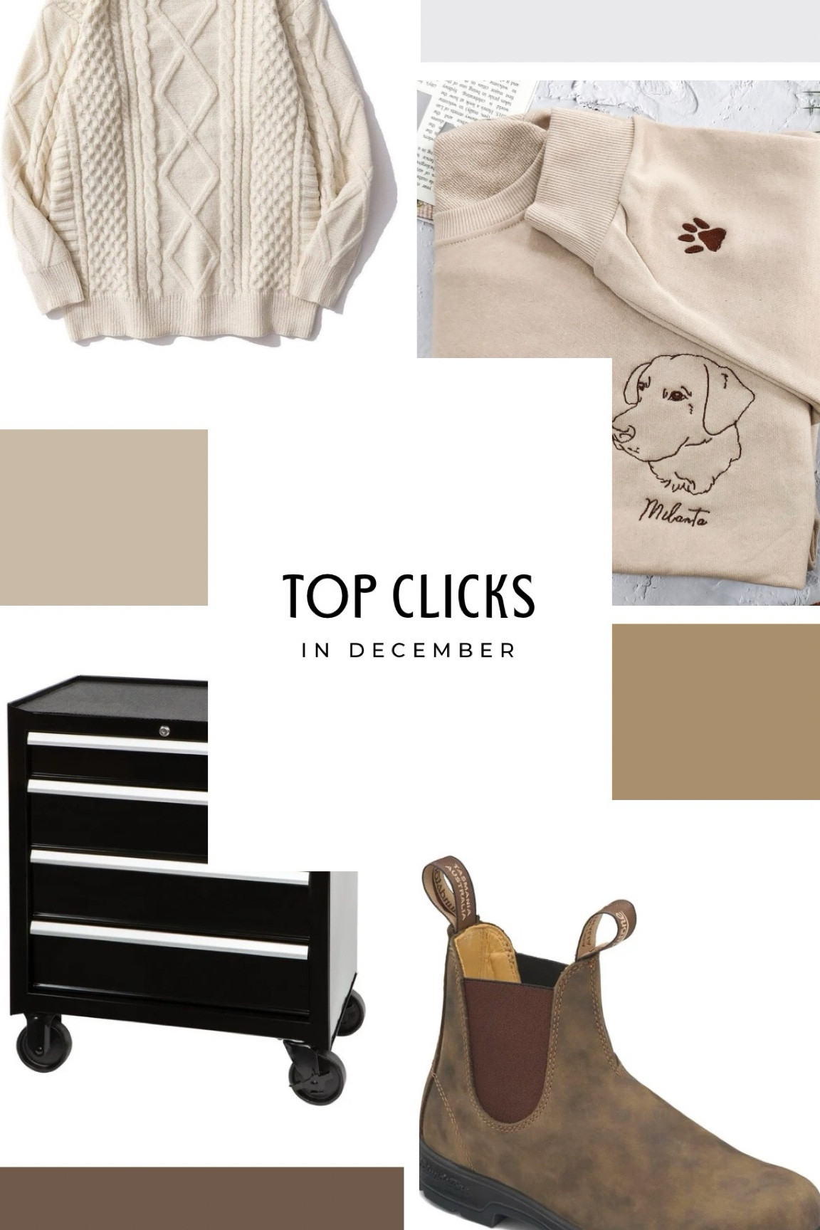 Top Clicked Items this month. 
Top Left: White Irish Sweater - Amazon
Top Right: Personalized Pet Sweater - Etsy
Bottom Left: Husky Toolbox used as a teacher cart
Bottom Right: Blundstone Boot: Rustic Brown


December Favorites

#LTKFamily #LTKFindsUnder100 #LTKFindsUnder50