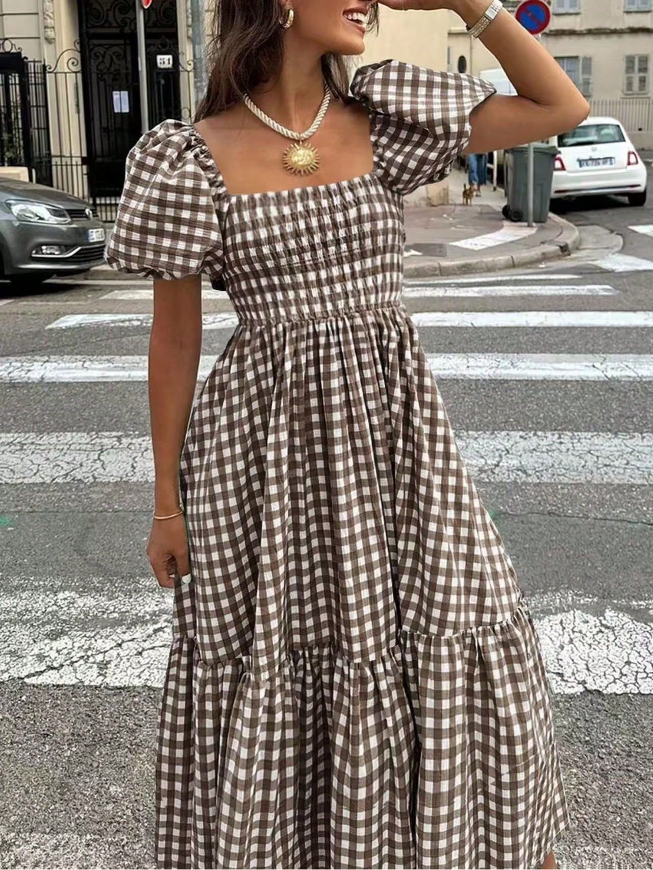 2026 Early Autumn Plus Size Women's Plaid Elegant Bohemian Casual Ruffle Pleated Coffee Brown Dre... | SHEIN
