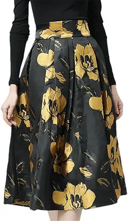 Womens Vintage Jacquard Floral Skirt High Waist A-Line Pleated Mid-Length Skirt Party Skirts | Amazon (US)