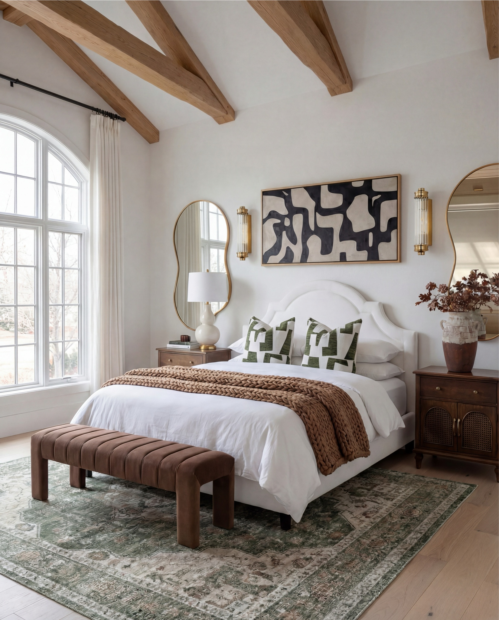 Shop the Look:
• White upholstered arched headboard bed
• White cotton duvet cover + pillow shams
• Green vintage-style area rug (distressed pattern)
• Brown chunky knit throw blanket
• Dark wood nightstands with cane doors
• White ceramic table lamp (round base)
• Brass wall sconces with glass shades
• Organic shape gold wall mirrors
• Black and beige abstract framed wall art
• Green geometric throw pillows
• Upholstered brown bench (channel tufted)
• Dark wood dresser with brass pulls
• Round ivory accent chair
• Cream throw blanket (soft knit texture)
• Tall brass floor lamp with white shade
• Decorative book stack (neutral tones)
• Small wood decorative box
• Brass round tray
• White pedestal decorative bowl
• Marble candle holders with brass rings
• Taper candles (ivory)
• Large ceramic vase with dried stems

#LTKHome #LTKSaleAlert