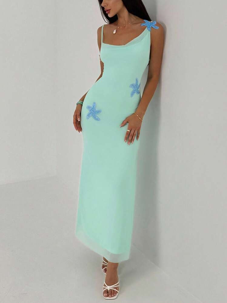 Aloruh Women's Plunging Neck Tight High Slit Maxi Beach Dress With Starfish Print For Summer Vacation | SHEIN