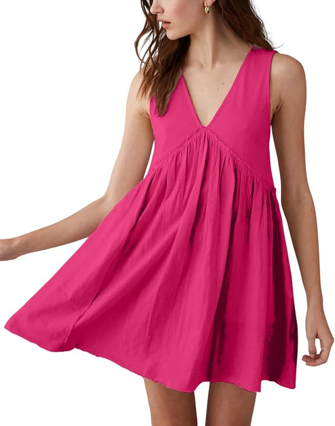 Women's Casual Sleeveless Mini Dress Loose V Neck Backless Pleated Short Tank Sundress with Pocke... | Amazon (US)