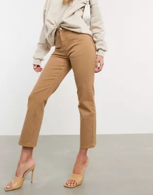 ASOS DESIGN high rise stretch 'slim' straight leg jeans in tan | ASOS (Global)