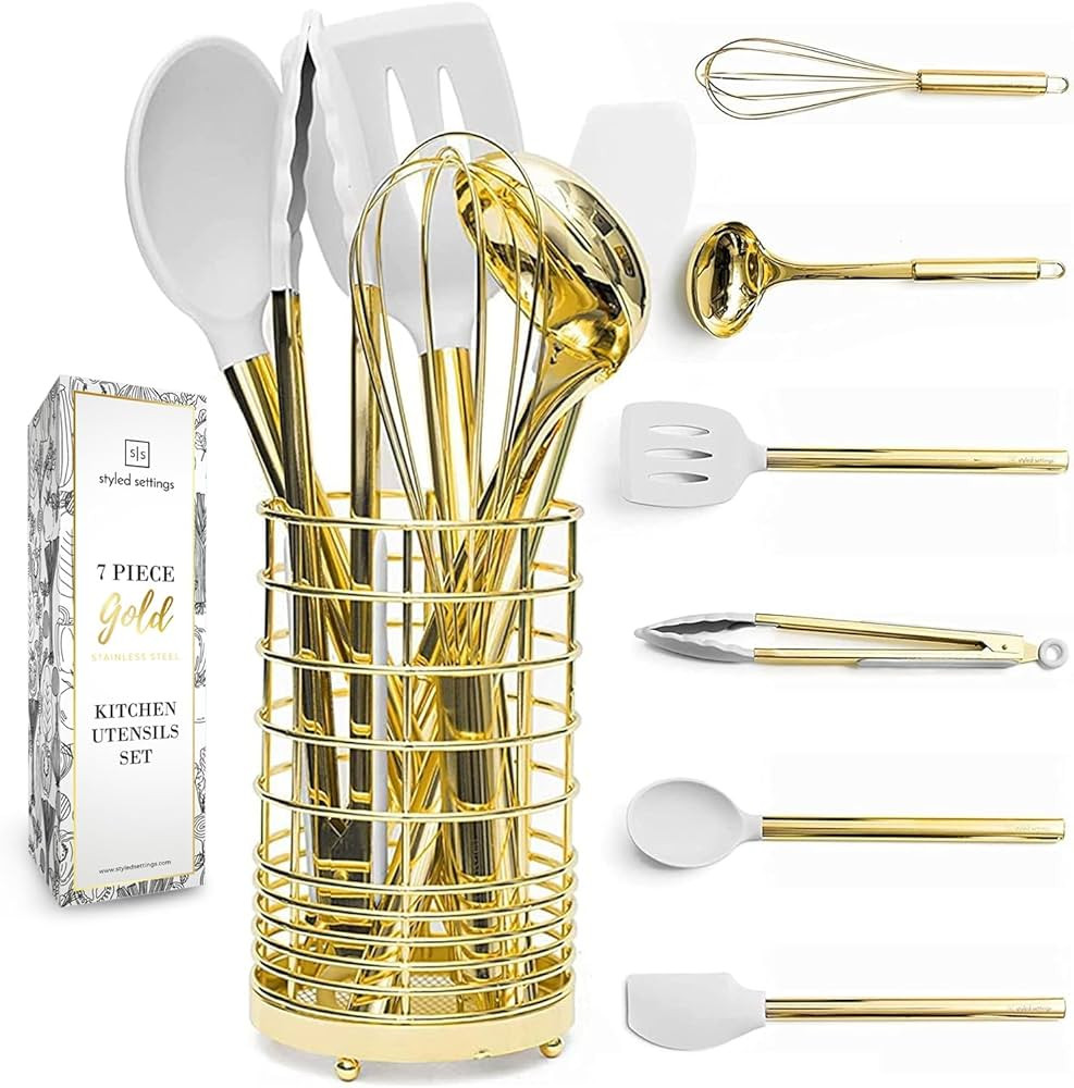 White Silicone and Gold Cooking Utensils Set with Gold Utensil Holder - 7-Piece Silicone Cooking ... | Amazon (US)