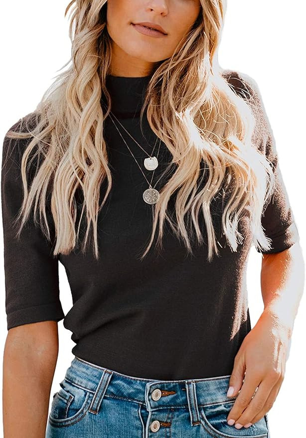 LIYOHON Women's Plain T-Shirt Mock/Turtle Neck Half Sleeve Solid Blouses 2021 Fall Slim Fitted Cute  | Amazon (US)