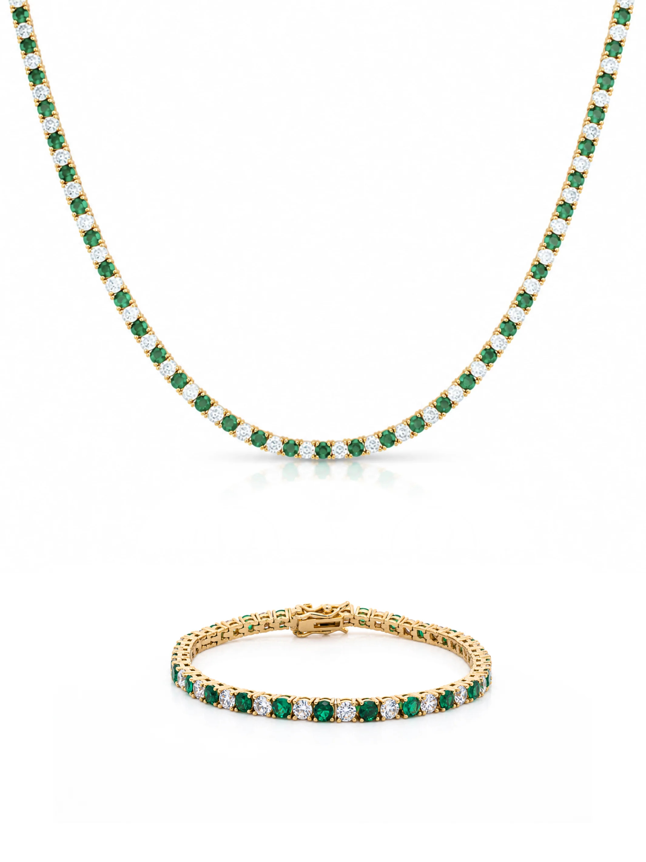 Dee Alternating Emerald and CZ Tennis Necklace + Bracelet Set | leMel