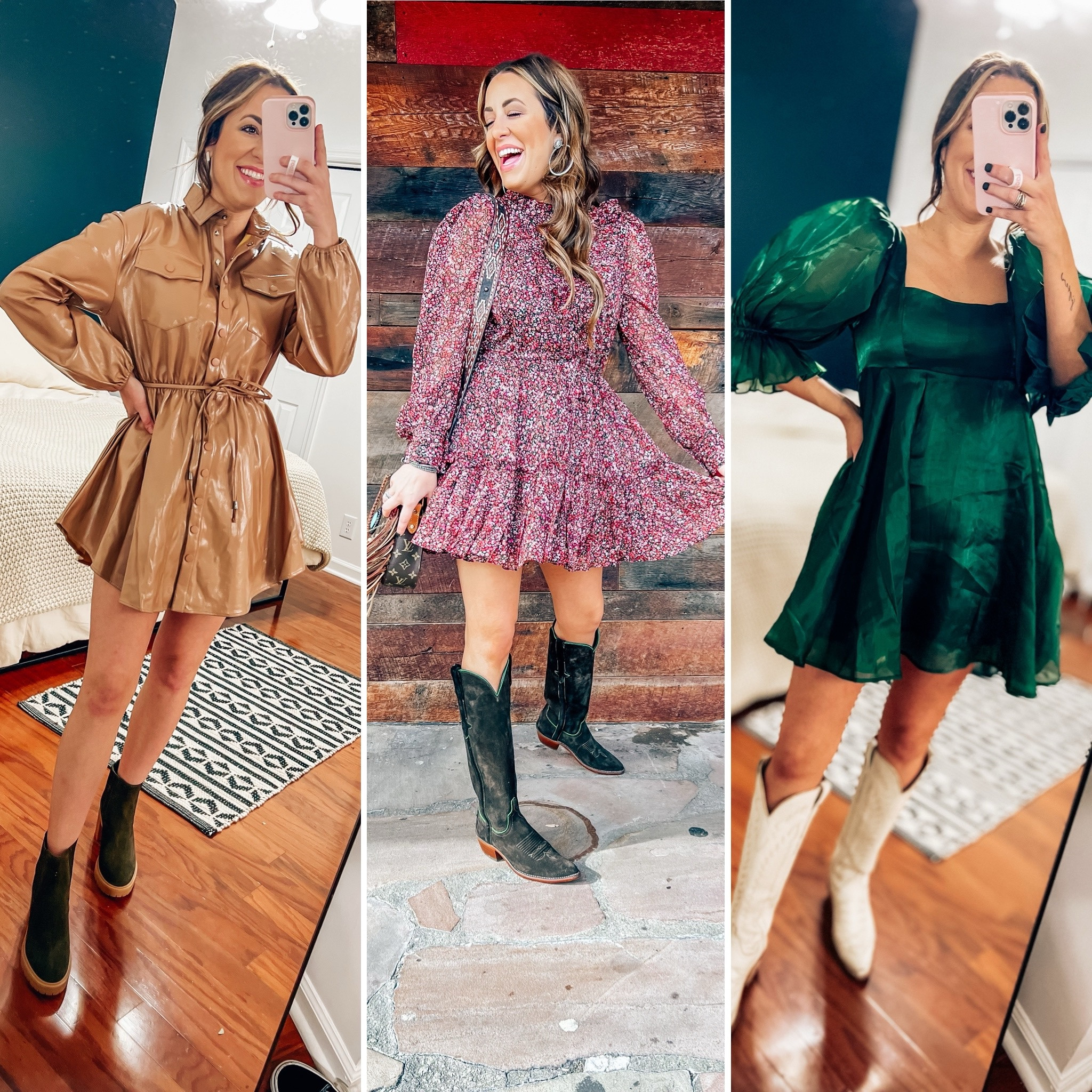 But love dresses, semi formal dress, midi dress, mini dress, Thanksgiving, dress, Christmas, holiday outfits, green dress, family photos, FR, Nashville, holidays, New Year’s Eve, country, concert, cowgirl boots, Luke, Casey, boots, Vintage Boho, bags, faux, leather dress, dolce, Vida, booties, holiday party outfit

#LTKsalealert #LTKHoliday #LTKparties