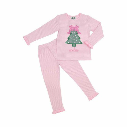 Pink Stripe Knit Applique Christmas Tree Pajamas  Shipping Mid-October | Cecil and Lou