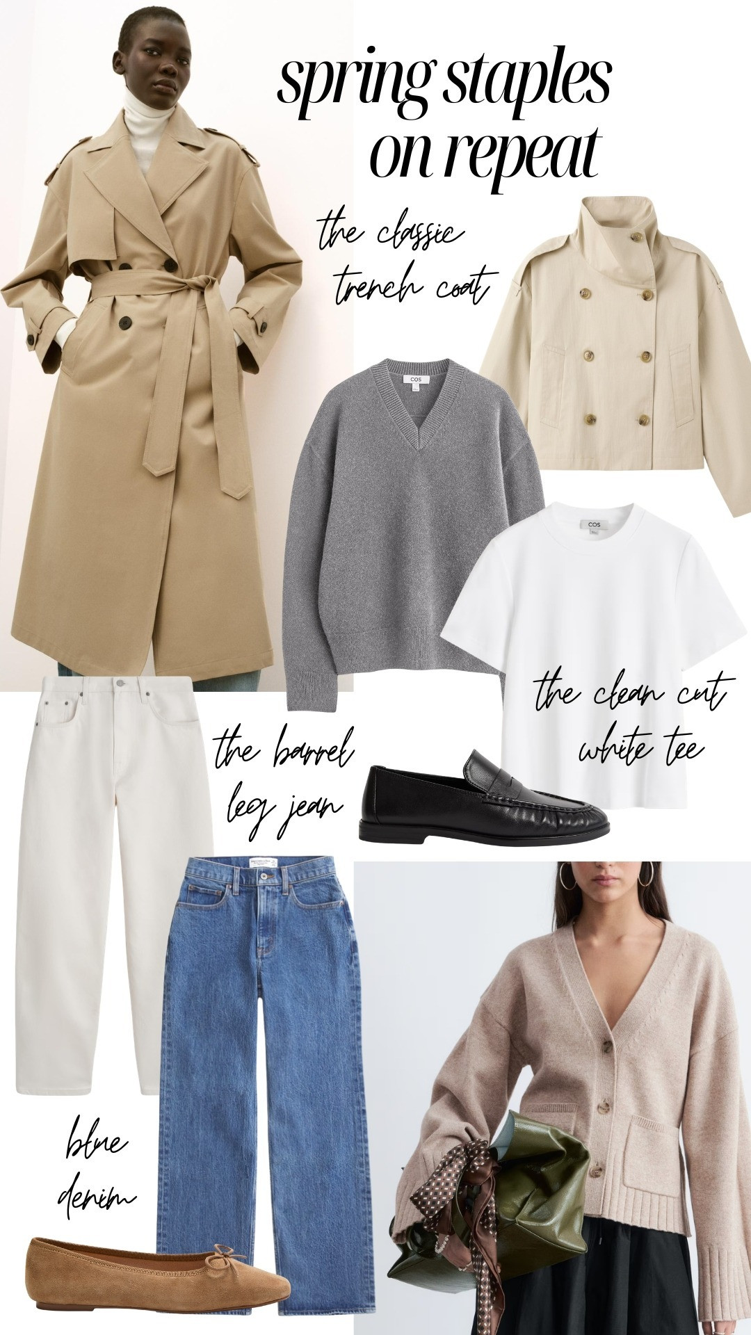 Spring staples I will be wearing on repeat this season - a classic trench and white tee, tan loafers, blue and white denim and light cardigans and knits 

 #LTKspring #LTKjeans #LTKstyletip