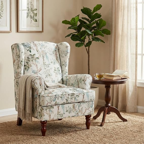 Mid Century Floral Wingback Chair with Retro Wooden Legs(Floral Bird) | Amazon (US)