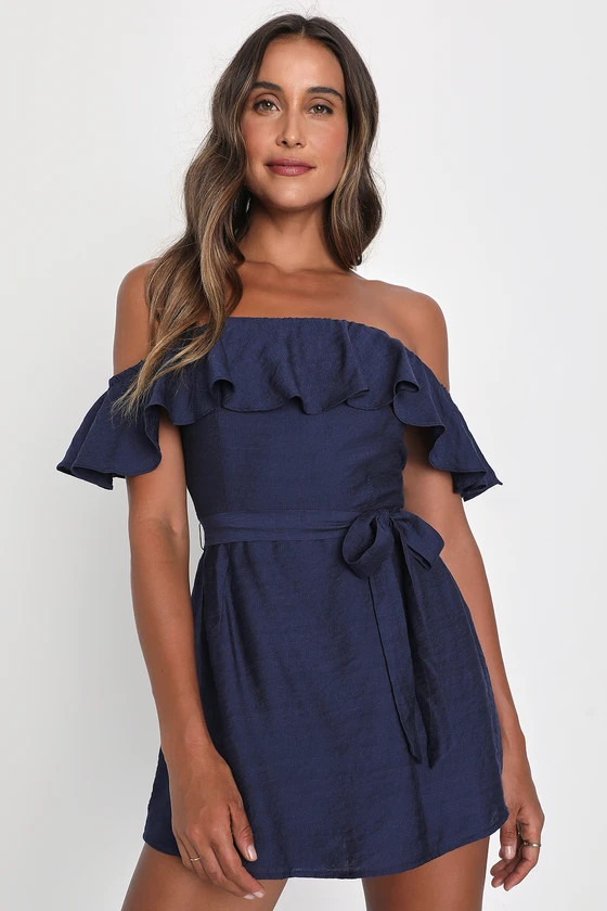 Adorable Wonder Navy Blue Off-the-Shoulder Skort Romper | Lulus (US)