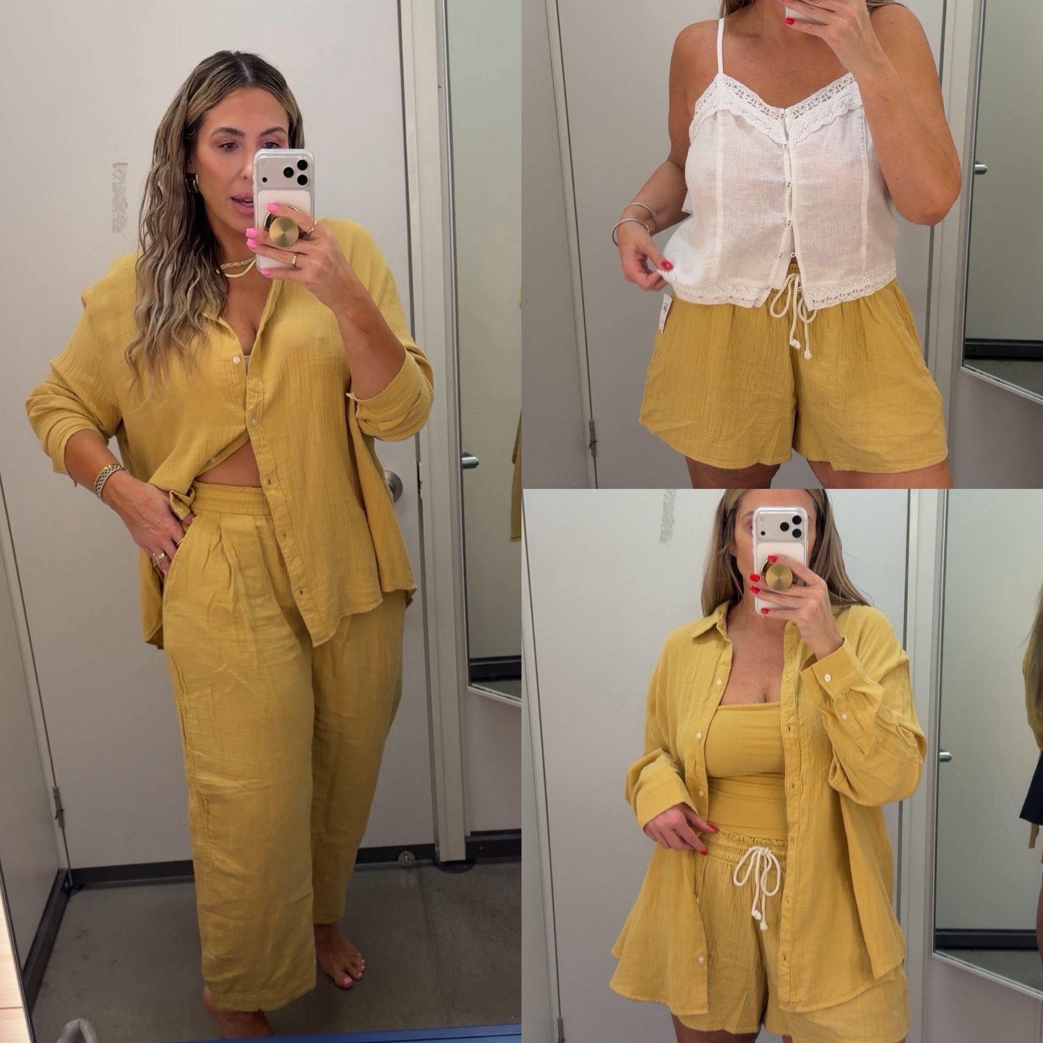 I LOVE the gauze collection at Old Navy. 

button down XL reg (the fit is oversized; the size L was too short in the arms)

Built in bra tube top L (ruched on stomach= flattering) 

shorts XL 

Barrel ankle pants L reg (hit at ankle length)

I also linked the other styles in this collection under related items. Try today on

#LTKOver40