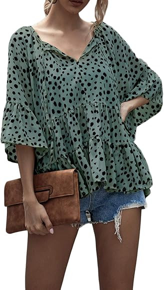 ROVLET Women's Chiffon 3/4 Sleeve Loose V Neck T Shirt High Low Hem Babydoll Peplum Tops Blouses | Amazon (US)