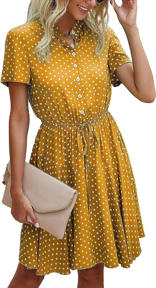 BTFBM Womens Dresses Cute Polka Dot Print Button Down Short Sleeve A-Line Elastic Waist Summer Ca... | Amazon (US)