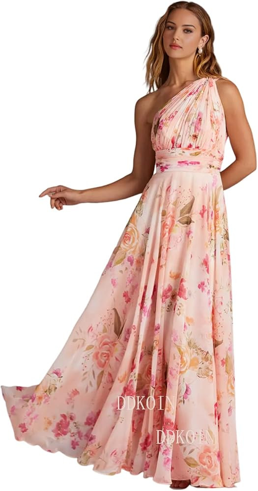 One Shoulder Bridesmaid Dresses for Women A Line Pleated Chiffon Long Formal Wedding Guest Dress ... | Amazon (US)