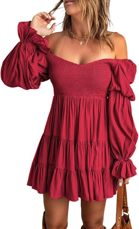 Dokotoo Womens 2022 Spring Elegant Off The Shoulder V Neck Long Sleeve Ruffle Flowy Mini Short Sk... | Amazon (US)