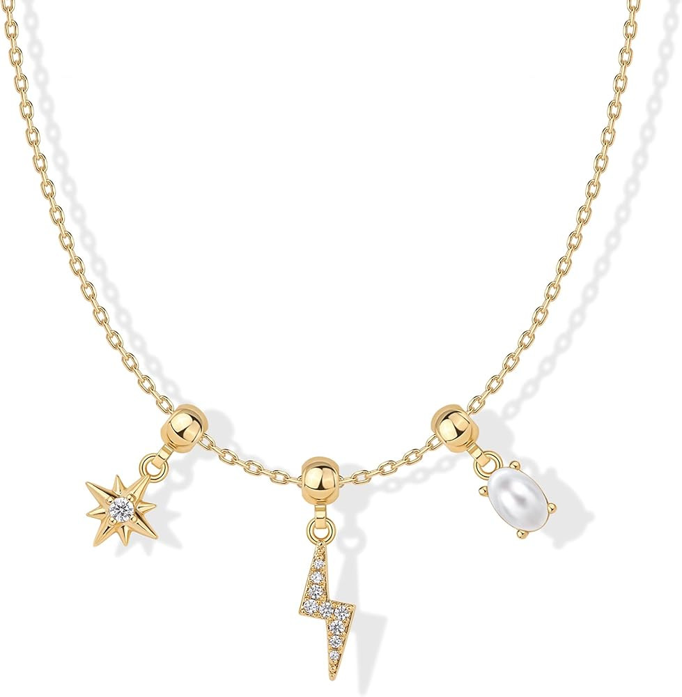 PAVOI 14K Gold Plated Whimsical Charm Necklace for Women | Adjustable Sliding Chain Dainty Cubic ... | Amazon (US)