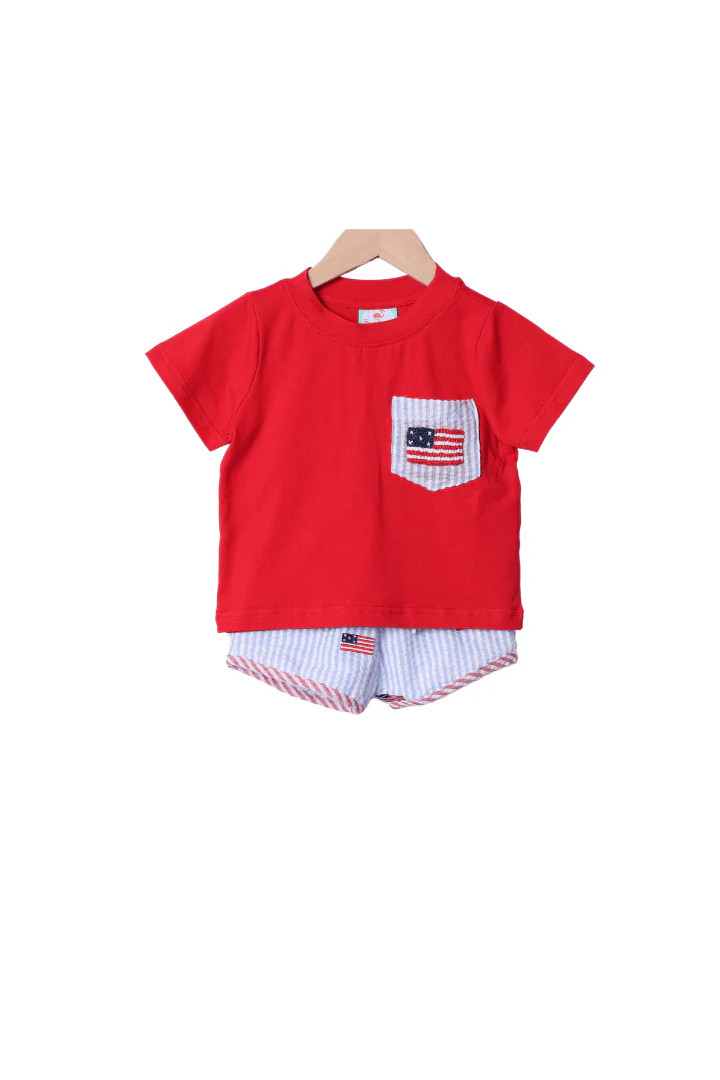 French Knot American Flag Seersucker Short Set | The Smocked Flamingo
