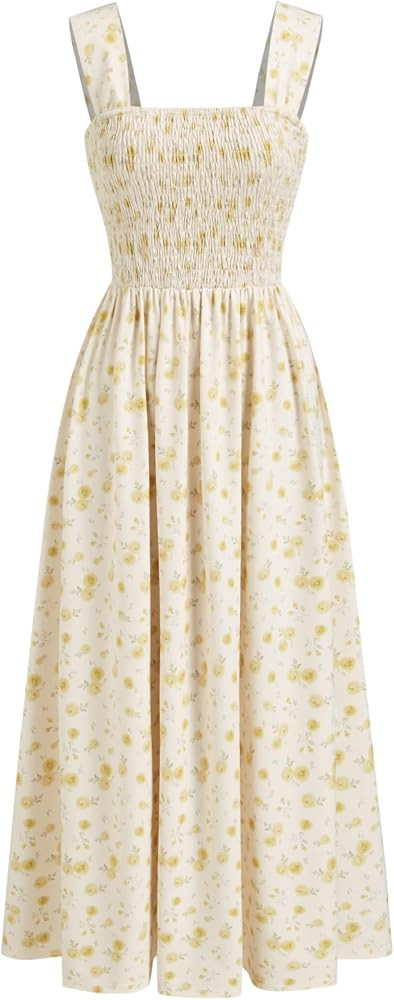 CIDER Womens Floral Smocked Dresses Square Neck Long Midi Sundress | Amazon (US)