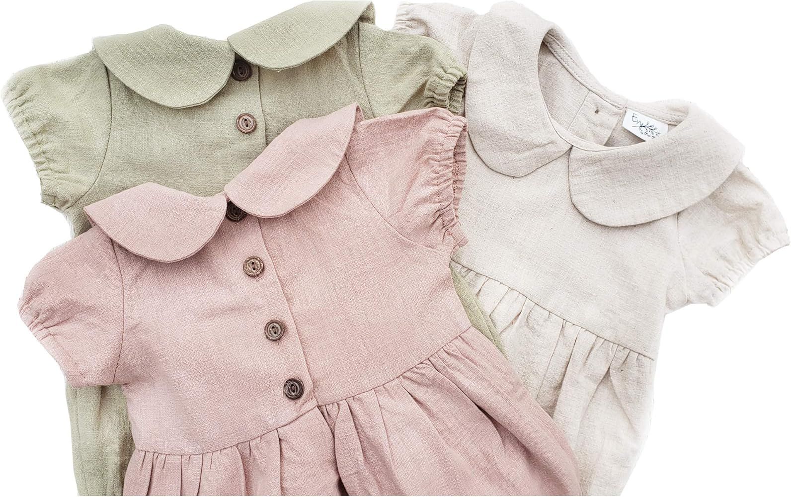 Baby Girl Linen Romper Peter Pan Collar Short Sleeve Dressy Ruffle Bubble Bottom Onesie Vintage B... | Amazon (US)