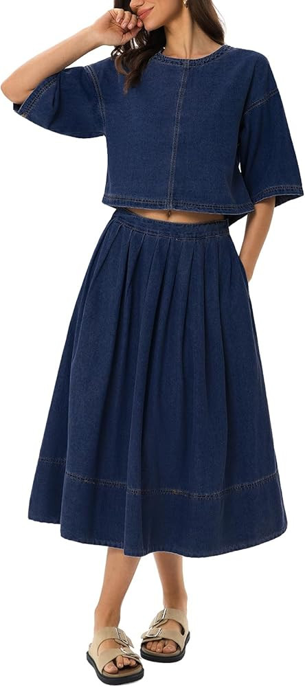 Kedera Womens 2 Piece Skirt Sets Summer Short Sleeve Denim Shirt Tops and Midi Skirts Dress Travel Vacation Outfits | Amazon (US)