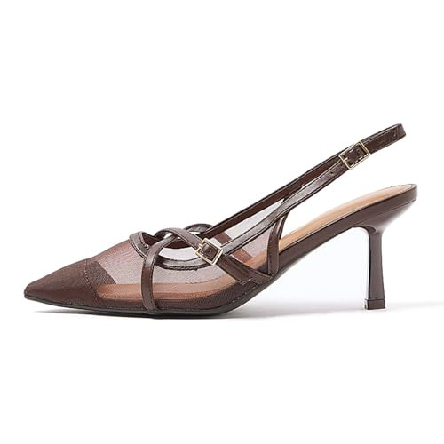 KaroNairy Slingback Kitten Heels for Women Mesh Heels Pointed Toe Low Heels Closed Toe Pumps Dress Shoes with Buckles Brown 5.5 | Amazon (US)
