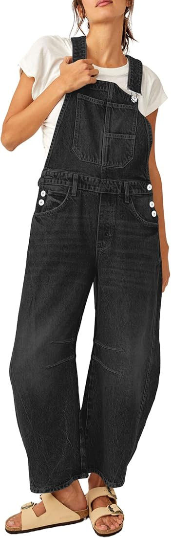 PLNOTME Womens Denim Bib Overalls Barrel Leg Adjustable Strap Jean Pants Jumpsuits with Pockets | Amazon (US)