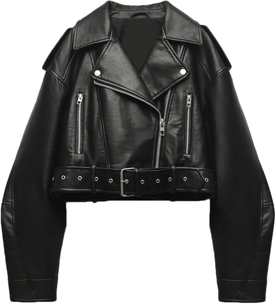 LY VAREY LIN Women Faux Leather Cropped Jacket Lapel Zipper Biker Short Coat with Belt | Amazon (CA)