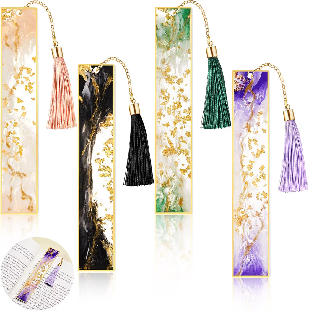 4 Pieces Resin Bookmarks Handmade Resin Gilt Bookmarks with Tassels Presents for Women Kids Stude... | Amazon (US)