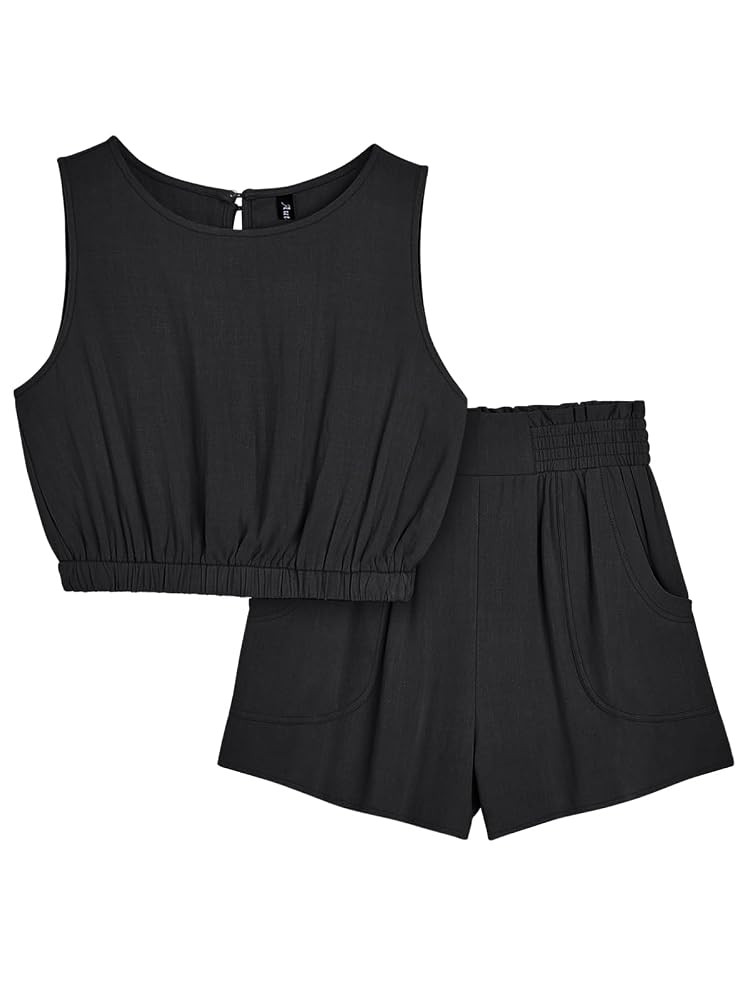 AUTOMET Women's Summer 2 Piece Outfits Shorts Sets Sleeveless Round Neck Crop Tank Top and High W... | Amazon (US)