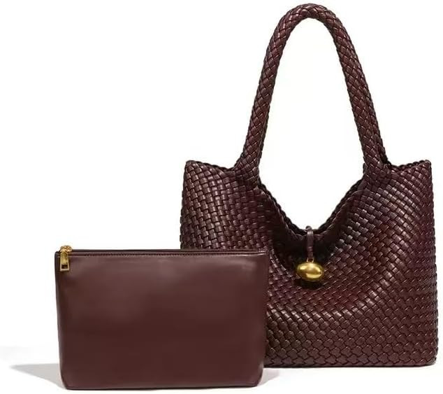 Large Woven Leather Hobo Handbag with Matching Pouch, Brown Braided Tote Shoulder Bag, 2 Piece Se... | Amazon (US)