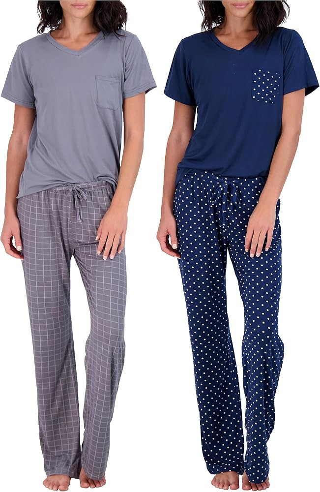 Real Essentials 2 Pack: Women's Pajama Set - Choose from Short Sleeve with Pocket or Long Sleeve ... | Amazon (US)
