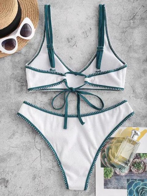 / Swimwear / Bikinis / Bikini Sets / ZAFUL Ribbed Contrast Whip Stitching Tank Bikini Swimwear | ZAFUL (Global)