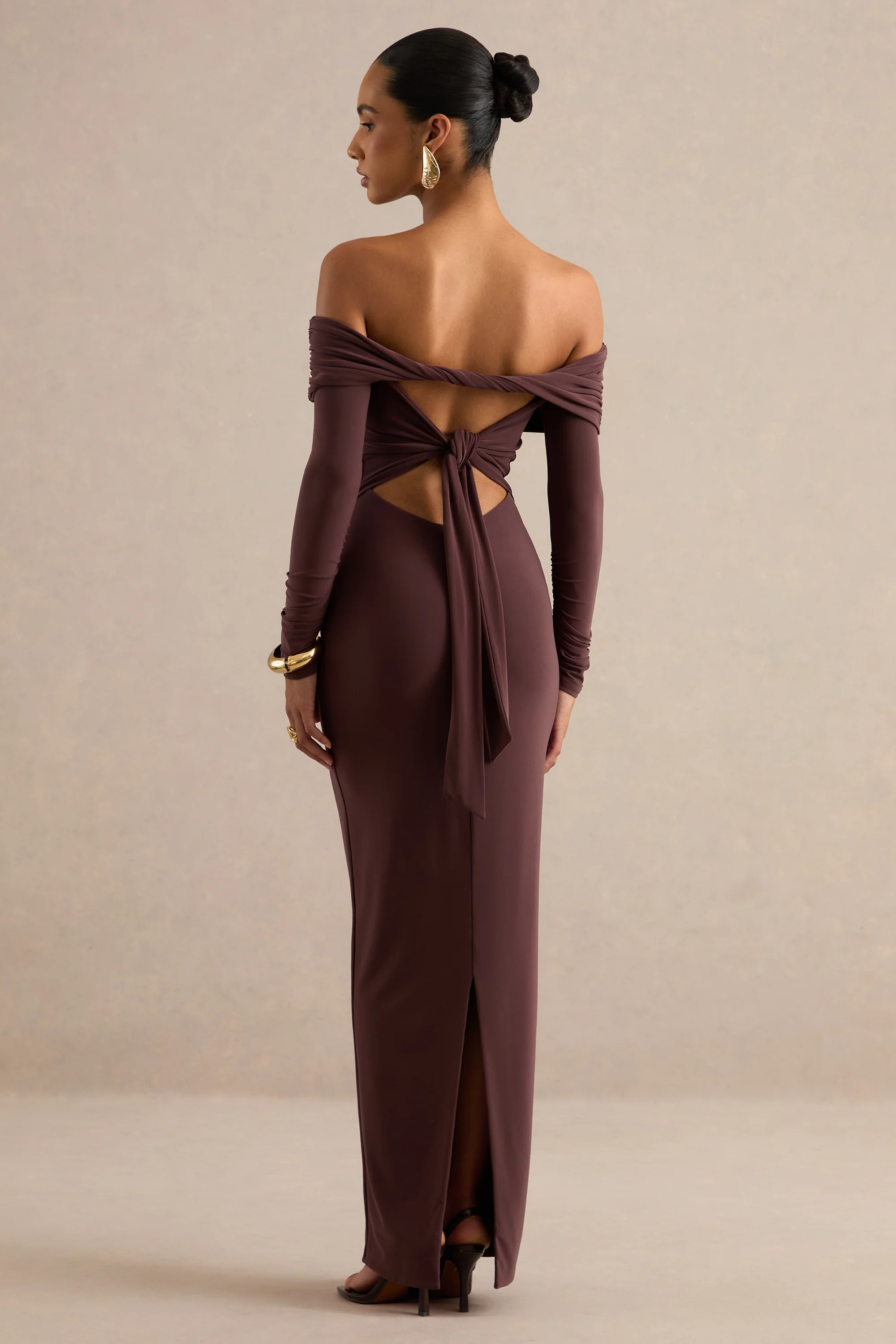 Keirae | Dark Brown Bardot-Neck Maxi Dress | Club L London